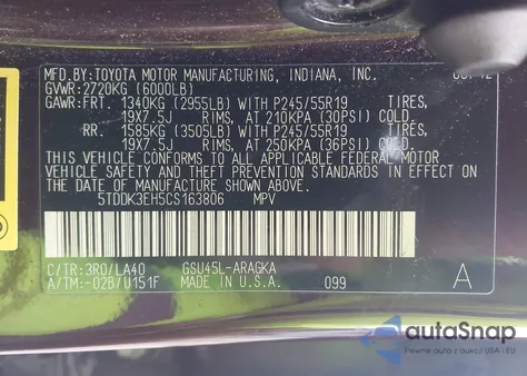 2012 Toyota Highlander Limited from USA, damaged, VIN 5TDDK3EH5CS163806